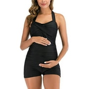 EastElegant Maternity One Piece Swimwear Retro Halter Swimsuit with Boyleg Pregnancy Bathing Suits Boyshort Black L